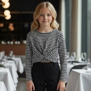 NWT Aqua for Bloomingdales Girls Houndstooth Twist Front Top Thanksgiving Winter